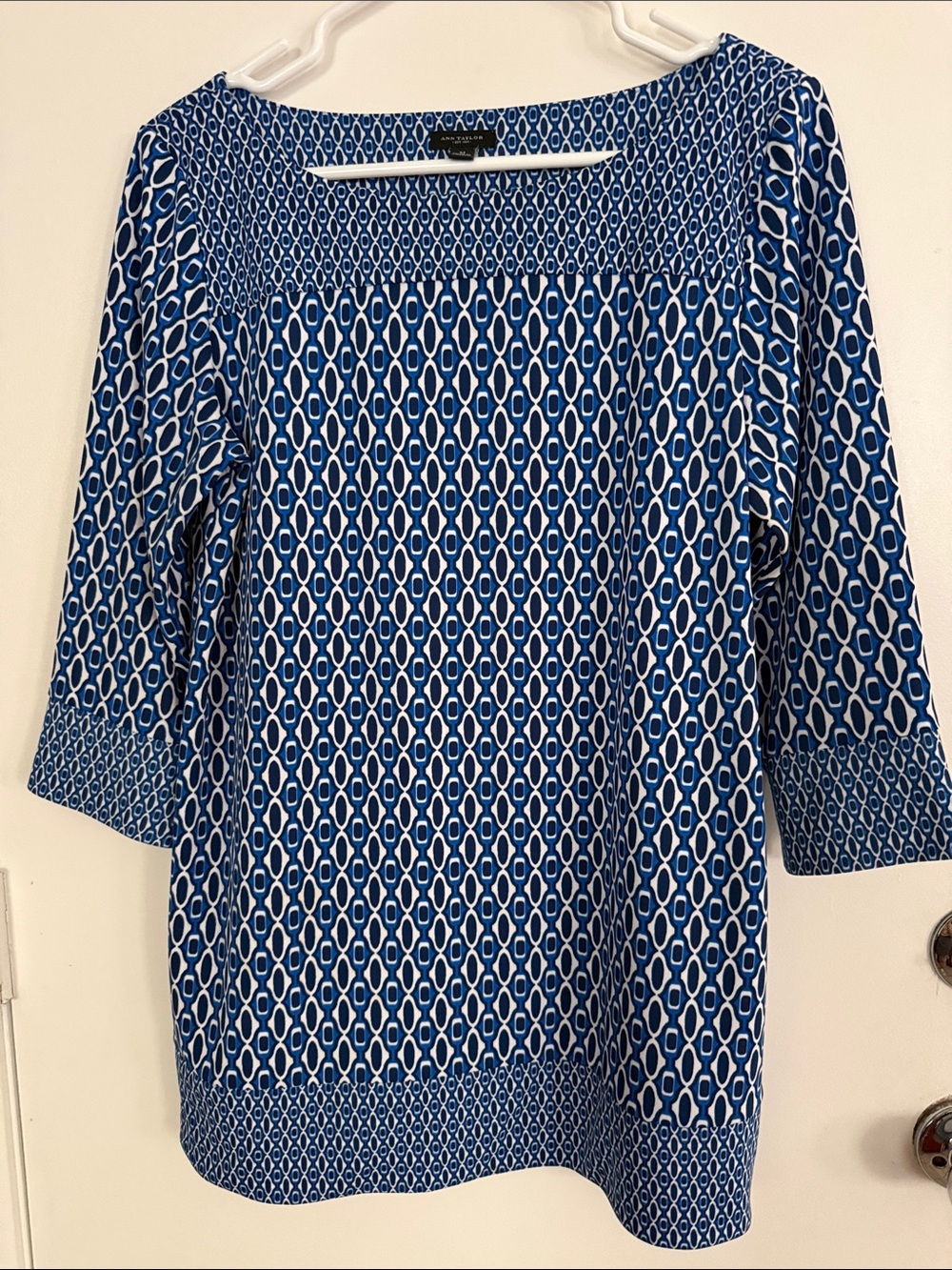 Ann Taylor Blue and White Geometric Long Sleeve Dress